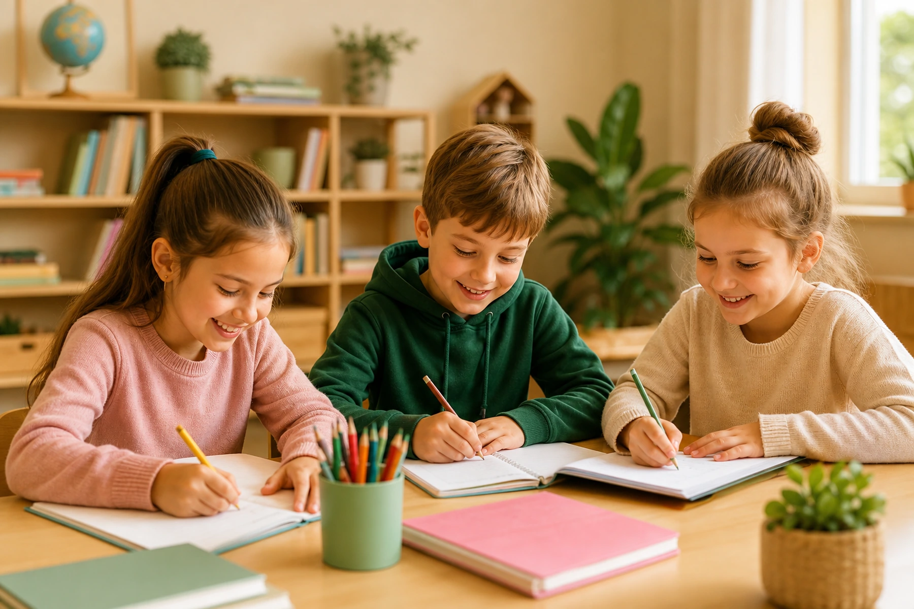 Trei copii învață împreună la Kids Nest